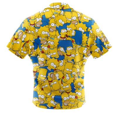 The Default Button Up Hawaiian Shirt (Copy) (Copy) features short sleeves and an all-over print of cartoon yellow faces with various expressions on a blue and yellow background, covering the entire back.