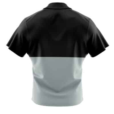 A back view of the Default Button Up Hawaiian Shirt (Copy), a short-sleeved top with a two-tone design: black on the upper half and light gray on the lower half.