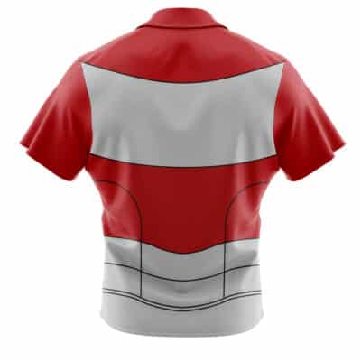 The Default Button Up Hawaiian Shirt (Copy) is a short-sleeve, collared shirt seen from the back with a red and white pattern, black outline accents, curved color blocks, and stylized panel lines.