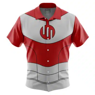 The Default Button Up Hawaiian Shirt (Copy) is a short-sleeved button-up featuring red and light gray panels with a circular emblem and stylized lines on the chest, giving it a superhero-inspired look.