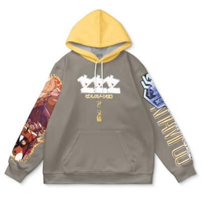 The Yixuan Zenless Zone Zero Streetwear Hoodie (Copy) is gray with a yellow hood, bold white and yellow text, Japanese characters on the front, manga-style art on the right sleeve, and "MINATO" printed vertically on the left sleeve.