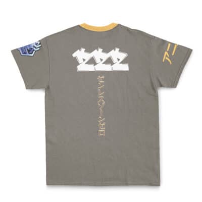 The Yixuan Zenless Zone Zero Streetwear T-Shirt (Copy) is a gray tee with a yellow collar, bold white and gray 222 graphic plus Japanese text on the back, and blue and yellow designs on the sleeves.