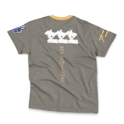 The Yixuan Zenless Zone Zero Streetwear T-Shirt (Copy) is a gray short-sleeve tee with yellow collar and sleeve accents, blue and yellow sleeve patches, a bold white “222” graphic, and Japanese text on the back.