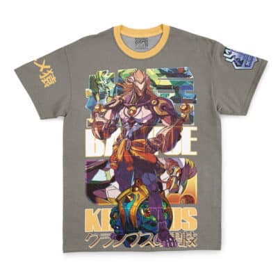 The Yixuan Zenless Zone Zero Streetwear T-Shirt (Copy) is a gray tee with a yellow collar, showcasing a vibrant futuristic anime character and robot, plus "BEHOLD KIRIKOS" and bold Japanese text on the front and sleeves.