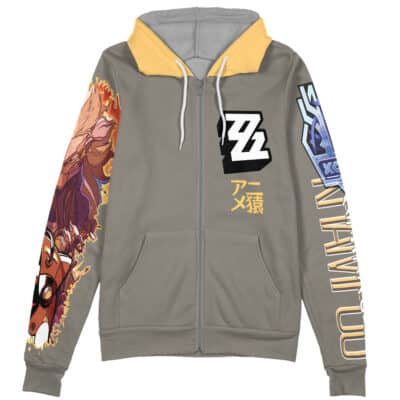 The Yixuan Zenless Zone Zero Streetwear Zip Hoodie Jacket features a gray zip-up design with yellow accents, bold graphics on the chest and sleeves, stylized lettering, Japanese text, and colorful fox and lion illustrations.