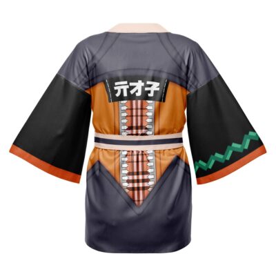 The Hoshimi Miyabi Cosplay Zenless Zone Zero Happi Coat Haori Kimono is a short-sleeved, colorful robe featuring orange, black, and gray with a white belt and Japanese characters on the back, inspired by an anime costume.