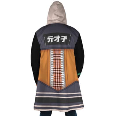 Someone wearing the Hoshimi Miyabi Cosplay Zenless Zone Zero Dream Cloak Coat, which features anime-inspired orange, black, and gray printed details, a bold back zipper design, and stylized white text in a black box.