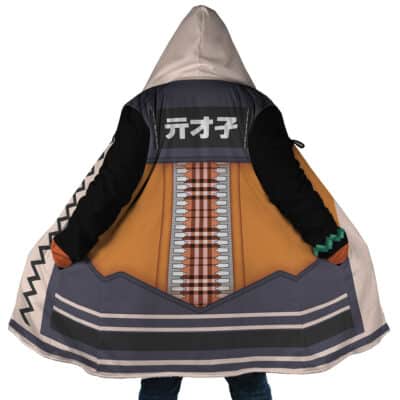 A person, back to the camera, wears the Hoshimi Miyabi Cosplay Zenless Zone Zero Dream Cloak Coat, featuring intricate geometric designs, vertical patterns, zigzags, Japanese characters, and shades of brown, gray, black, and beige.