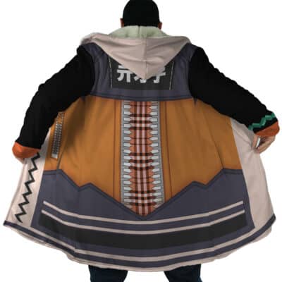 A person displays the back of the Hoshimi Miyabi Cosplay Zenless Zone Zero Dream Cloak Coat, featuring a hood, orange, gray, and black geometric patterns, faux zipper graphics, and unique design elements.