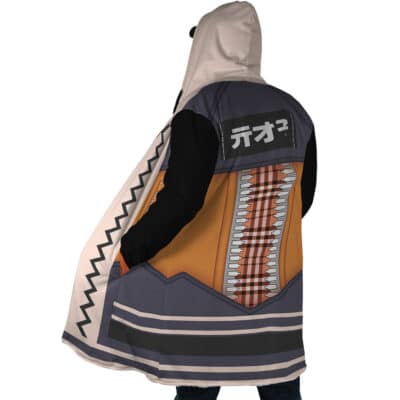 A person wearing the Hoshimi Miyabi Cosplay Zenless Zone Zero Dream Cloak Coat, featuring anime-inspired patterns, a stylized zipper, bold shapes, Japanese characters on the back, and a hood with small black bear ears.