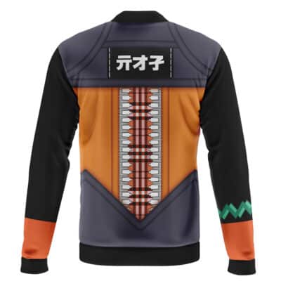 Back view of the Fat Gum Cosplay My Hero Academia Casual Bomber Jacket, featuring an orange, gray, and black armor-like design with a large zipper graphic, Japanese text on the upper back, and a green zigzag on the left sleeve.