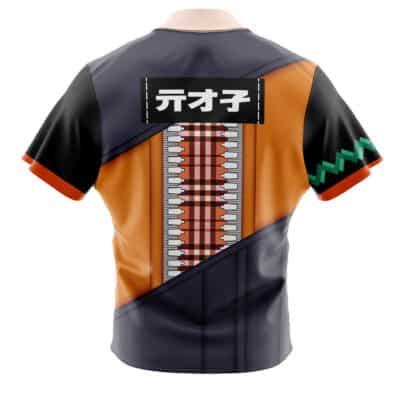 The Millennium Puzzle YuGiOh Short Sleeve Button Up Hawaiian Shirt features bold geometric patterns in orange, black, and gray, a red plaid panel with a zipper graphic, green zigzag on the right sleeve, and Japanese text across the upper back.