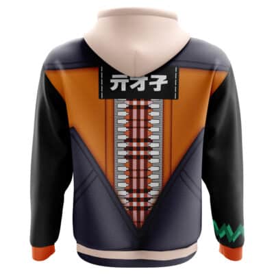 The Trippy Charizard Pokemon Zip Hoodie Jacket features anime-inspired style with orange, black, and navy color blocks, a bold zipper graphic, green zigzag sleeve detail, and Japanese text on the back.