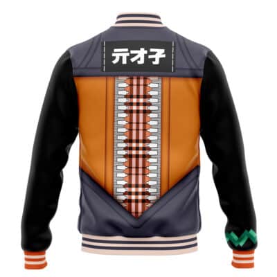 The Fat Gum Cosplay My Hero Academia Varsity Jacket features black sleeves, an orange, gray, and plaid back with a large zipper graphic, Japanese character patch at the top, and a green zigzag pattern on the left wrist.