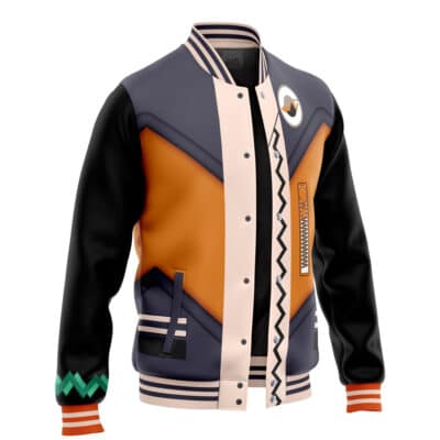 The Fat Gum Cosplay My Hero Academia Varsity Jacket features black sleeves, an orange and navy geometric body, beige trim, zigzag accents, a lightning bolt chest patch, green chevron cuffs, and striped front pockets.
