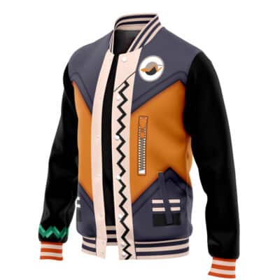 The Fat Gum Cosplay My Hero Academia Varsity Jacket features black sleeves, an orange front, beige accents, a zigzag stripe, chest logo, zipper graphic, and cuffs with green, white, orange, and black patterns.