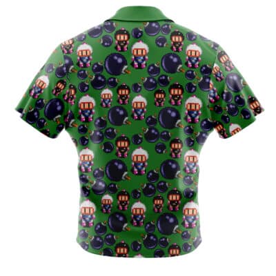 Shinnosuke Beach Bum Pattern Crayon Shin-chan Button Up Hawaiian Shirt with a pixel art design of helmeted characters and bombs, plus large black bombs covering the back.