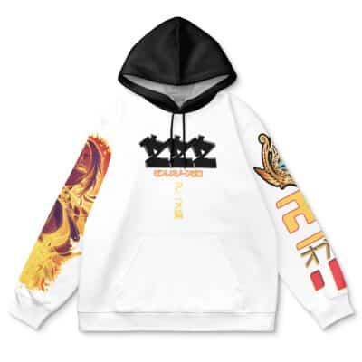 The Angels of Delusion Zenless Zone Zero Streetwear Hoodie (Copy) is a white hoodie with a black hood, bold black and yellow chest text, a face and flames graphic on the left sleeve, and colorful wing and red designs on the right sleeve.