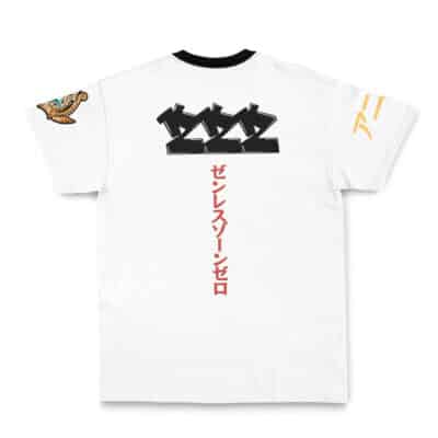 The Angels of Delusion Zenless Zone Zero Streetwear T-Shirt features a white body with black collar, black ZZZ graphic and vertical red Japanese text on the back, a colorful left sleeve patch, and yellow designs on the right sleeve.