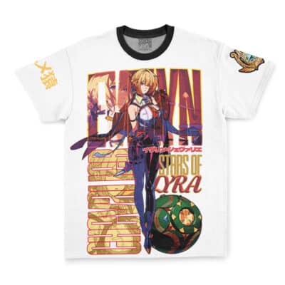 The Angels of Delusion Zenless Zone Zero Streetwear T-Shirt is a white tee with a vibrant anime-style character in futuristic armor, STARS OF LYRA text, Japanese characters, and decorative patterns on the sleeves and background.