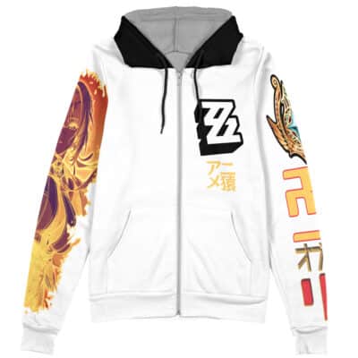 The Angels of Delusion Zenless Zone Zero Streetwear Zip Hoodie Jacket features a white zip-up design, black hood lining and drawstrings, a gold and orange anime character on the left sleeve, colorful right-sleeve graphics with Japanese text, and black/yellow chest logos.