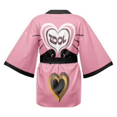 The Belle Vibrant Store Manager Zenless Zone Zero Happi Coat Haori Kimono is a pink kimono-style robe with black trim, a large "IDOL" heart on the back, a small black-and-gold heart at the hem, and a tied black waist belt.