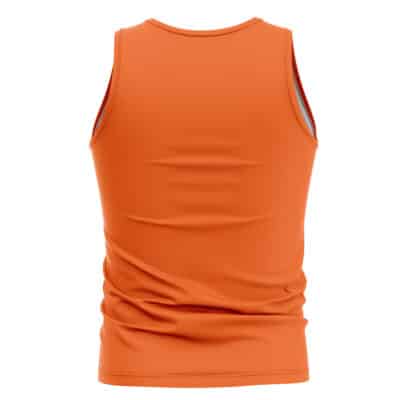 The Franky Corrida Cosplay One Piece Tank Top (Copy) is shown from the back, sleeveless and orange, with smooth fabric showing slight wrinkles and no visible logos or designs.