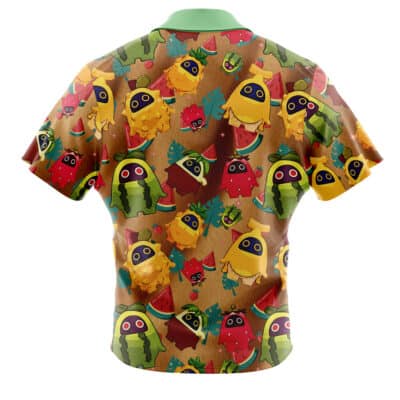 The Biggest Fan Bangboo Outfit Zenless Zone Zero Button Up Hawaiian Shirt features a playful, cartoon pattern of fruit and vegetable characters on a brown background with a light green collar.