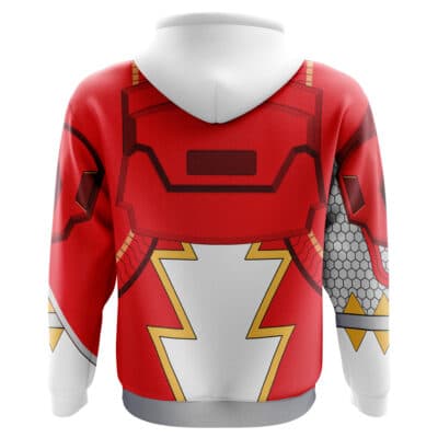 The back of the Kuwagata Ohger Cosplay Ohsama Sentai King-Ohger Hoodie features a superhero-inspired graphic with yellow lightning bolts, metallic patterns, and grey and black sleeve accents.