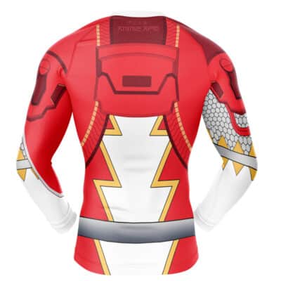 The Kuwagata Ohger Cosplay Ohsama Sentai King-Ohger Long Sleeve Rash Guard Compression Shirt features a red, white, and yellow back design with lightning bolts and mechanical details inspired by the hero’s costume.