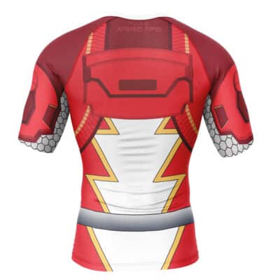 The Kuwagata Ohger Cosplay Ohsama Sentai King-Ohger Short Sleeve Rash Guard Compression Shirt features a comic-inspired superhero design with red, white, and yellow lightning bolts and armor-style graphics on the back and sleeves.