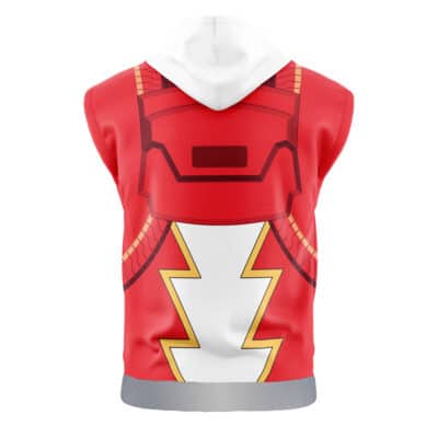 Kuwagata Ohger Cosplay Ohsama Sentai King-Ohger Sleeveless Hoodie (Copy): Red sleeveless hoodie with white hood, bold yellow lightning bolt, and red armor-inspired graphic on back.