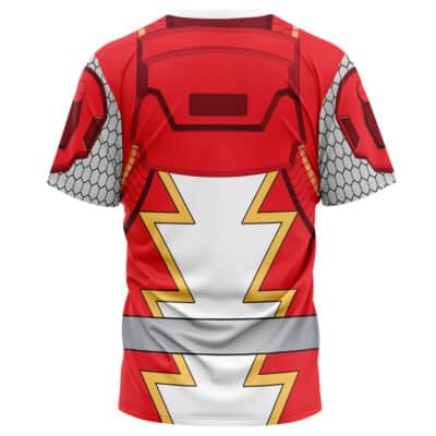 Back view of the Kuwagata Ohger Cosplay Ohsama Sentai King-Ohger T-Shirt (Copy) in red, featuring gold and white zigzag lightning patterns and grey honeycomb shoulder details.