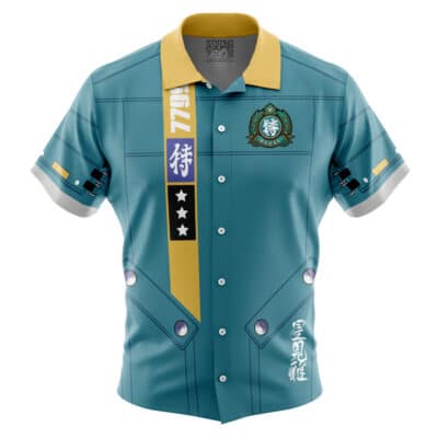 The Space Battle Star Fox Button Up Hawaiian Shirt features short sleeves, a teal color with yellow accents, a left chest crest, vertical yellow stripe with three black stars, Japanese text, and futuristic uniform-inspired design.