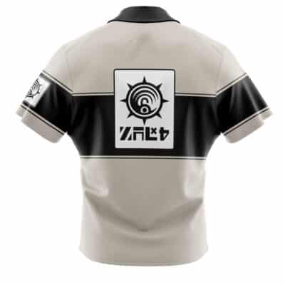 A short-sleeved Zombiefied Raccoon Police Department (RPD) Resident Evil Hawaiian shirt in beige and black, shown from the back with a bold black sun-like graphic and stylized text on the back and left sleeve.