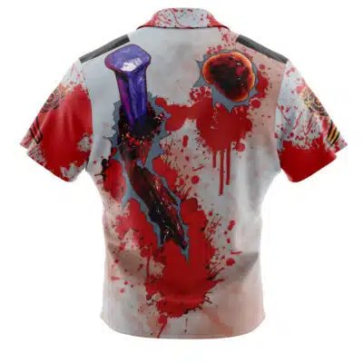 The Super Bomberman Pattern Button Up Hawaiian Shirt features a striking white and red design with bold bomberman graphics and abstract dark accents.