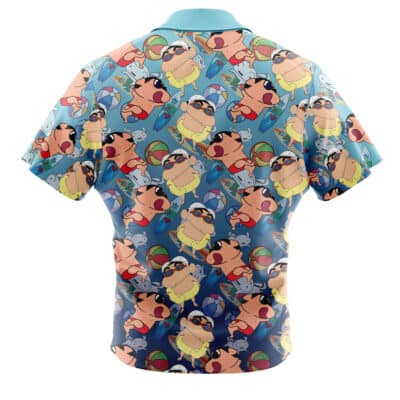 The Next Generation Red Star Trek Short Sleeve Button Up Hawaiian Shirt features a vibrant, cartoon-style print of playful animated characters and icons on a blue background.