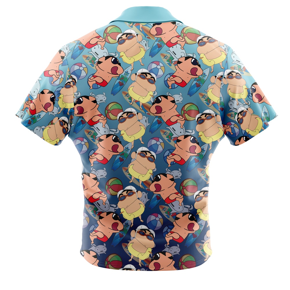 The Next Generation Red Star Trek Short Sleeve Button Up Hawaiian Shirt features a vibrant, cartoon-style print of playful animated characters and icons on a blue background.