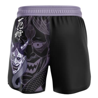 Cup of Coffee in the Big Time Randy Savage BJJ MMA Fight Shorts feature black and lavender panels, stylized Japanese demon mask, serpent, bold kanji, and dramatic graphics on one side with a solid black panel on the other.