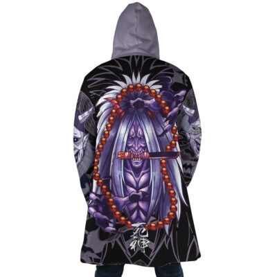 A person wears the Biggest Fan Bangboo Outfit Zenless Zone Zero Dream Cloak Coat, a black hooded coat featuring a large, detailed purple demon-like character with long hair, beads, sharp teeth, and Japanese kanji on the back.