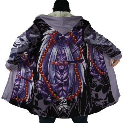 Wearing the Biggest Fan Bangboo Outfit Zenless Zone Zero Dream Cloak Coat, featuring an anime-inspired design with a fierce purple-haired character holding a stick, repeated across the back and sleeves.