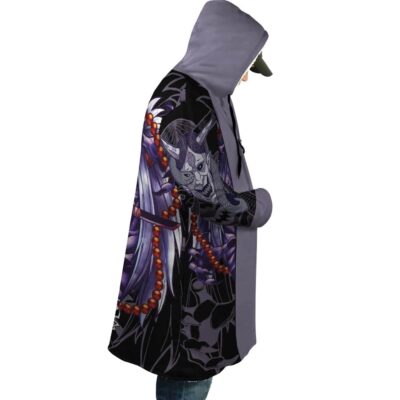 A person in side profile, head slightly bowed, wears the Biggest Fan Bangboo Outfit Zenless Zone Zero Dream Cloak Coat with a printed purple demon mask, black feathers, red beads, and a cap.