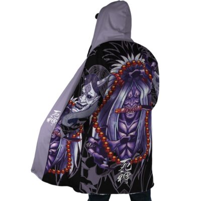 A person wears the Biggest Fan Bangboo Outfit Zenless Zone Zero Dream Cloak Coat, a hooded cloak featuring dark purple and black demon face illustrations, beads, white hair details, and Japanese characters on the back.