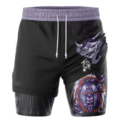 Wartortle Attack Pokemon 2-in-1 Performance Shorts feature black fabric, a purple waistband with drawstrings, and dynamic anime-style artwork of Wartortle with beads, Japanese text, and swirling purple accents on one leg.