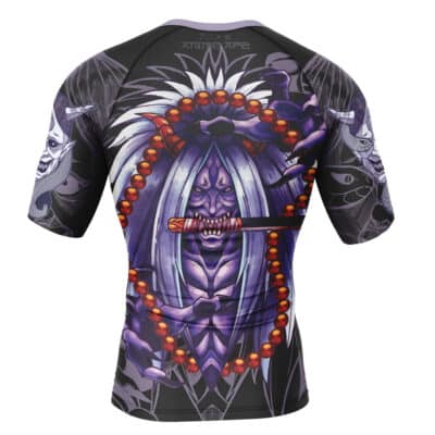 The Admiral Thrawn Star Wars Short Sleeve Rash Guard Compression Shirt features a black base with a vivid illustration of a menacing purple demon, white hair, red beads, and sword in mouth, plus stylized masks and swirling sleeve patterns.