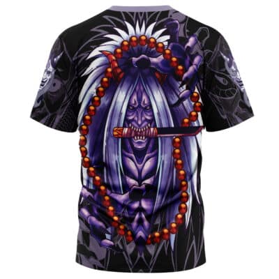 The Weavile Attack Pokemon T-Shirt features a fierce, stylized illustration of a purple-skinned character with long white hair, red beads, and a dagger in its mouth on a dark, intricate background.