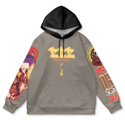 The Evelyn Zenless Zone Zero Streetwear Hoodie features a gray body, black hood, anime-style character art on the left sleeve and front, yellow and red Japanese text on the chest and right sleeve, and a circular emblem on the upper right arm.