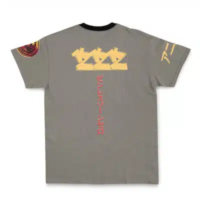 The Evelyn Zenless Zone Zero Streetwear T-Shirt features a gray base with a bold yellow 222 graphic on the back, vertical red Japanese text beneath it, and yellow and red accents on the sleeves.