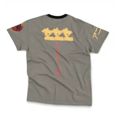 The Evelyn Zenless Zone Zero Streetwear T-Shirt features a gray short-sleeve design with a bold yellow graphic on the back, vertical Japanese text, yellow print on the left sleeve, and a red-yellow round patch on the right shoulder.