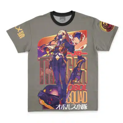 The Evelyn Zenless Zone Zero Streetwear T-Shirt is a gray tee with vibrant anime-style art of a futuristic female warrior holding a large weapon. Bold red, yellow, and white text and Japanese characters appear on the front, left sleeve, and shoulder.